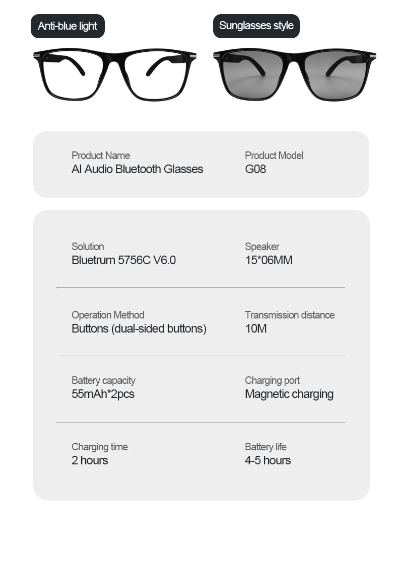 G08- Slim and Lightweight Smart Glasses- AI Powered Translation, AI Intelligent Assistant, Play Music, Smart Control