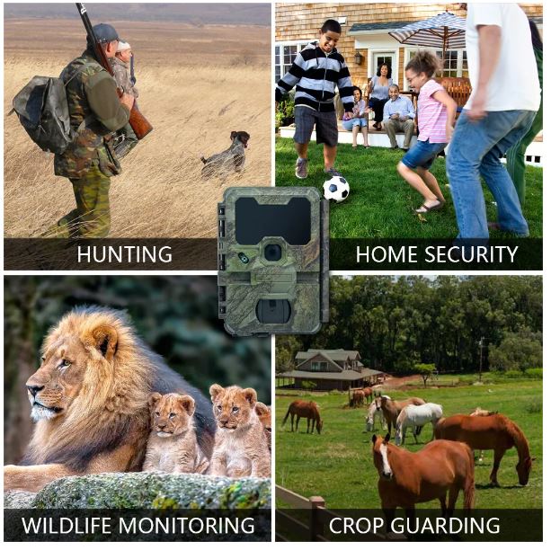 Collage of images showing hunting, KeepGuard_KW866 home security camera, wildlife monitoring, and crop guarding with a trail camera in the center.
