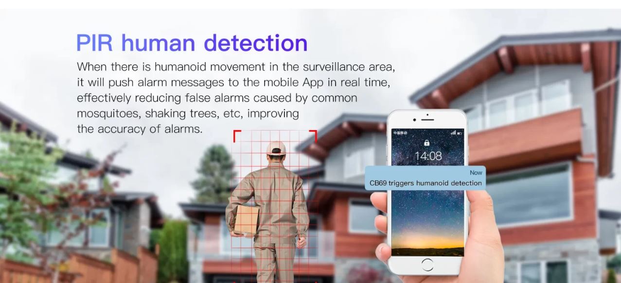 VSTAR CB69 SECURITY CAMERA Advertisement for PIR human detection system for with a person in a suit and smartphone displaying app interface.