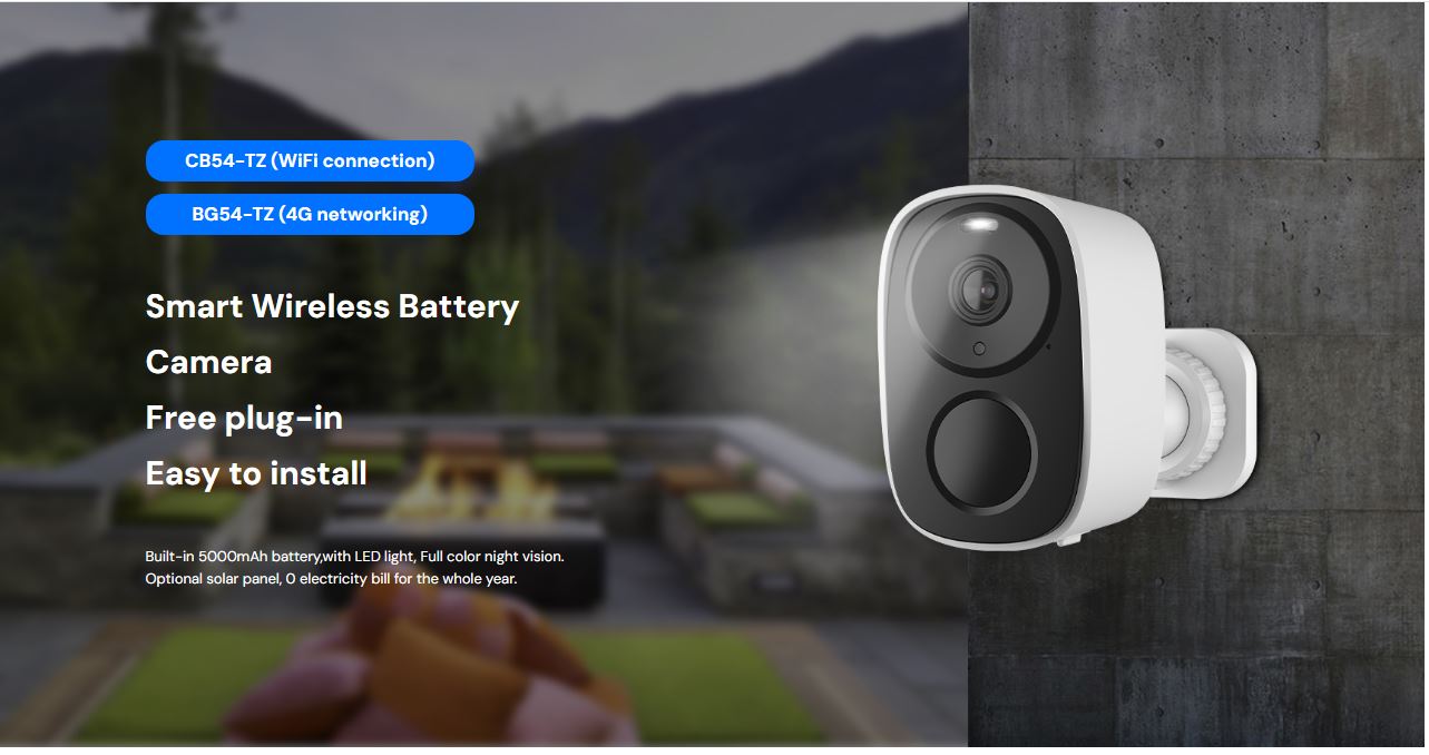 Vstar CB54 Smart wireless battery camera on a wall with text highlighting features.