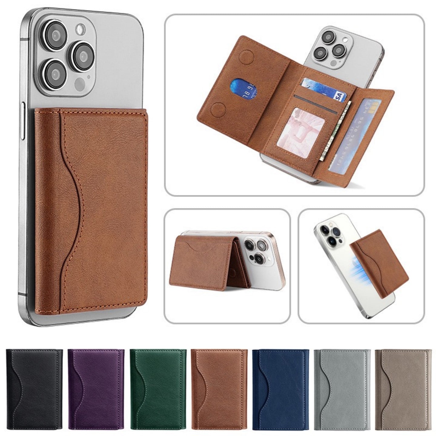 Collage of a brown phone case with card holder and multiple color options displayed.