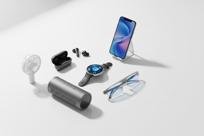 A clean, modern flat-lay of premium electronics and smart devices arranged aesthetically on a sleek white surface. Include items such as a smartwatch, wireless Bluetooth earbuds,  speaker, smartphone, smart sunglasses, and a small portable fan.