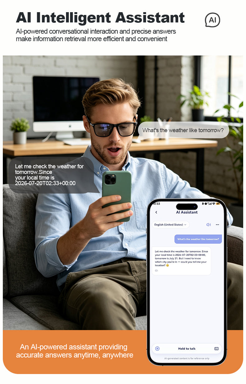 G08- Slim and Lightweight Smart Glasses- AI Powered Translation, AI Intelligent Assistant, Play Music, Smart Control