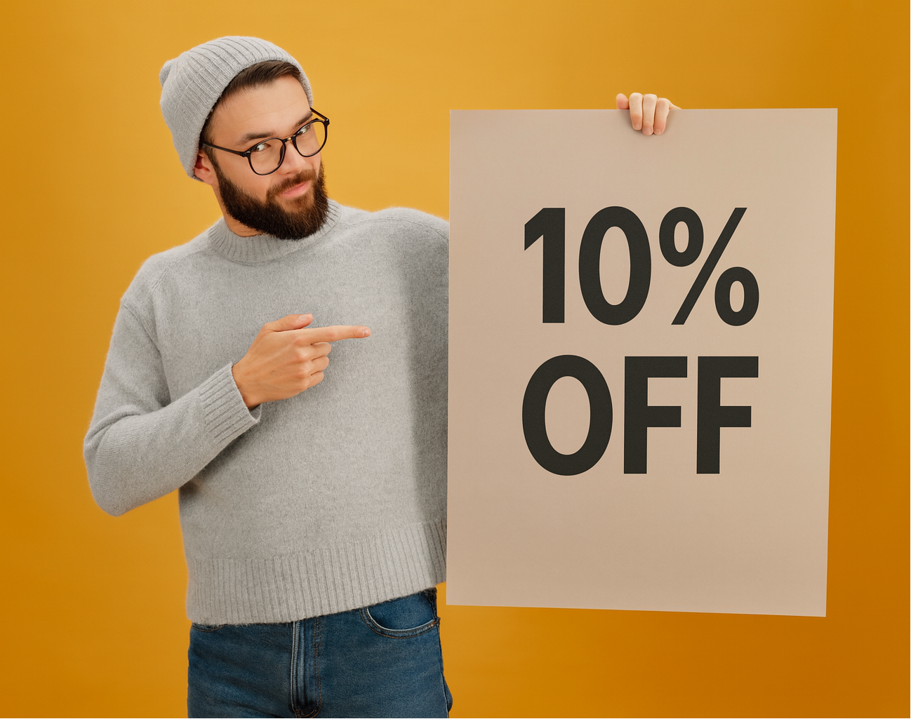 Man pointing at a '10% OFF' for first stop buyers sign up board against an orange background