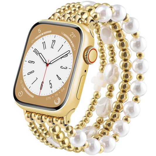 Cross-shaped pearl metal bead watch strap