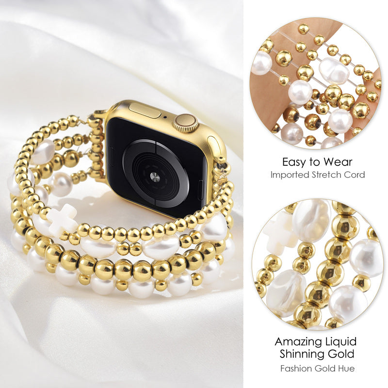 Cross-shaped pearl metal bead watch strap