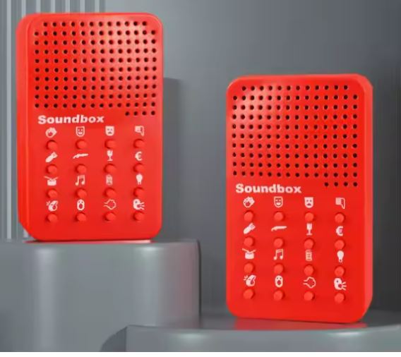 Two red 'Soundbox' devices on a gray background
