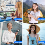4-in-1 Rechargeable Hand Fan woman using a portable fan traveling, camping, going to work, and outdoor.