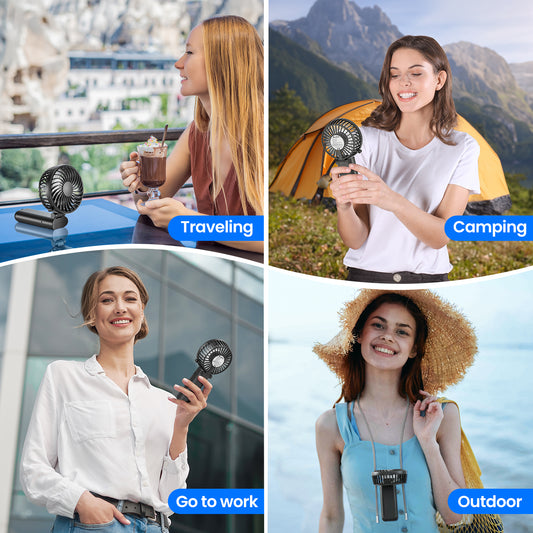 4-in-1 Rechargeable Hand Fan woman using a portable fan traveling, camping, going to work, and outdoor.