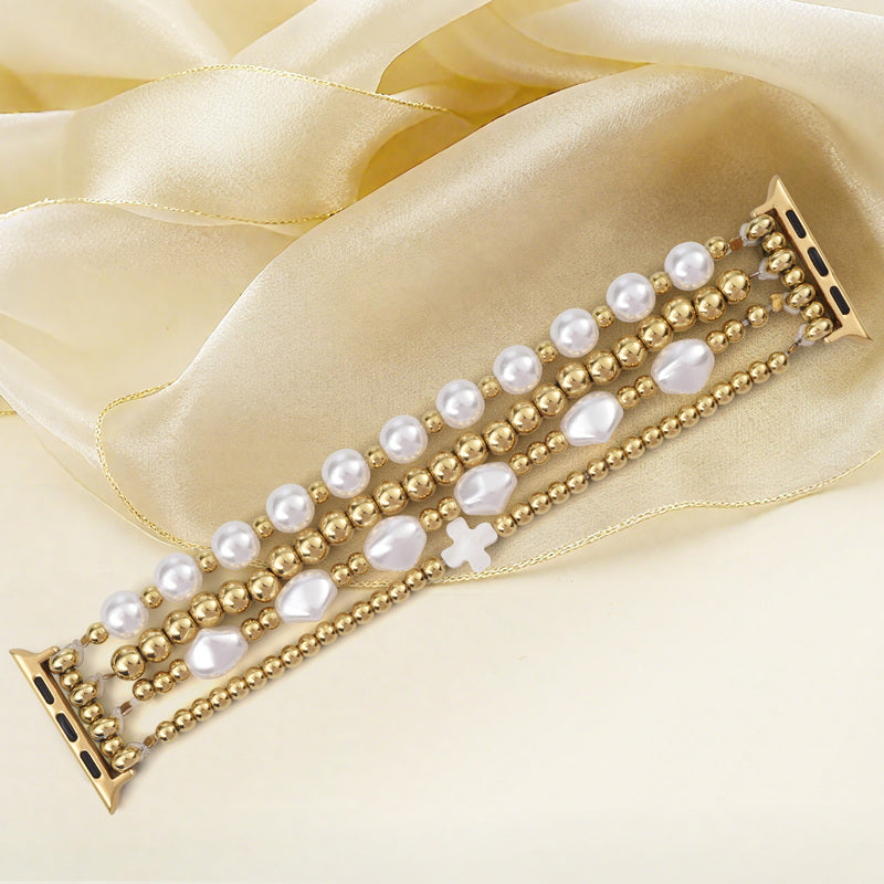 Cross-shaped pearl metal bead watch strap