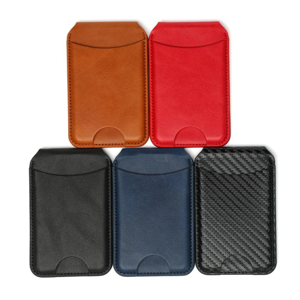 Five different colored Hand Leather Magnetic iPhone Wallet  on a white background