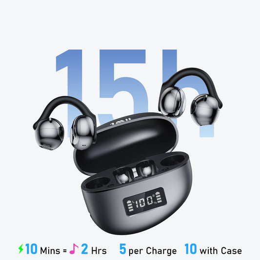 E39 1Mii AI Open Ear Earbuds, Lightweight Clip-on Wireless Earbuds, Open Ear Bluetooth 6.0 Headphones with Smart Display Design, AI Voice Translation, Custom EQ via APP, for Sports, Running, Workout Black