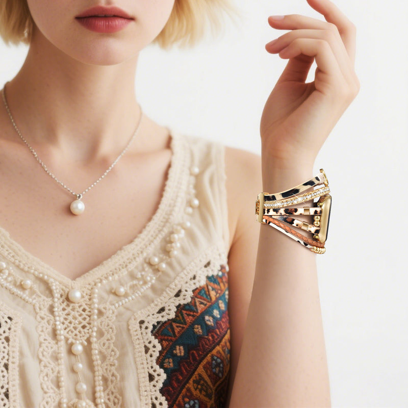 Leopard print double-ring watch strap