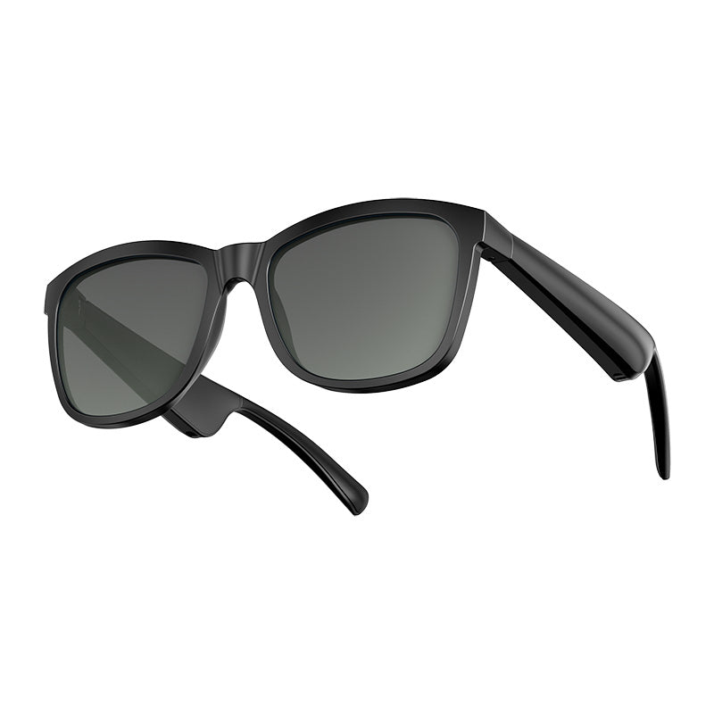 Black Smart Bluetooth Sunglasses T06 with dark lenses on a white background