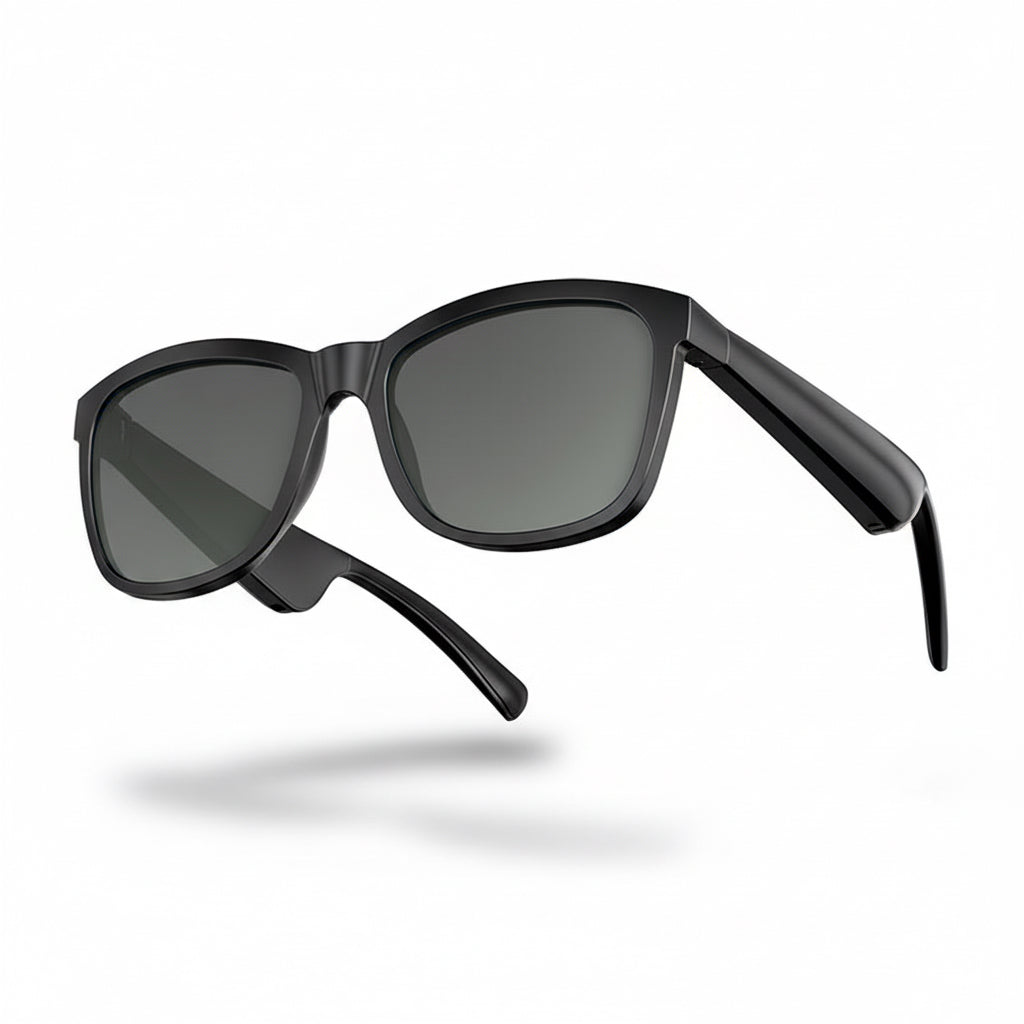 Black Smart Bluetooth Sunglasses T06 with dark lenses on a white background