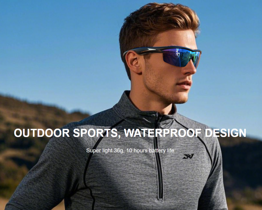 Man wearing a gray athletic jacket with Blue Smart Bluetooth Sport glasses outdoors