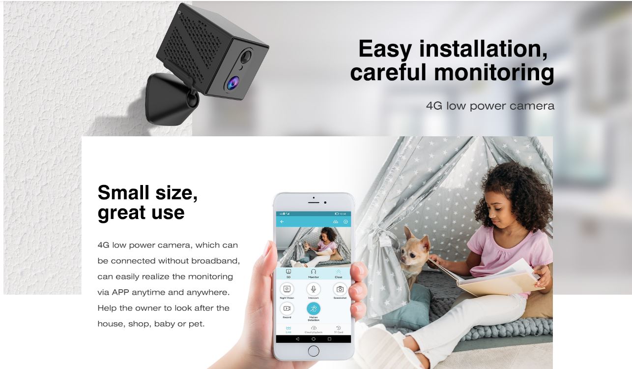 CB70W Security Camera  Descriptions 4G low power camera with smartphone app for monitoring, easy installation, and small size.