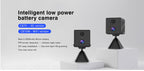 Two black CB70W  Security Camera on stands with text about intelligent low power battery cameras on a light gray background.