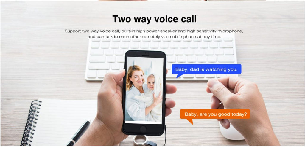 Two-way voice call   demonstration  features of CB70W Security Camerawith smartphone and text bubbles on a desk.