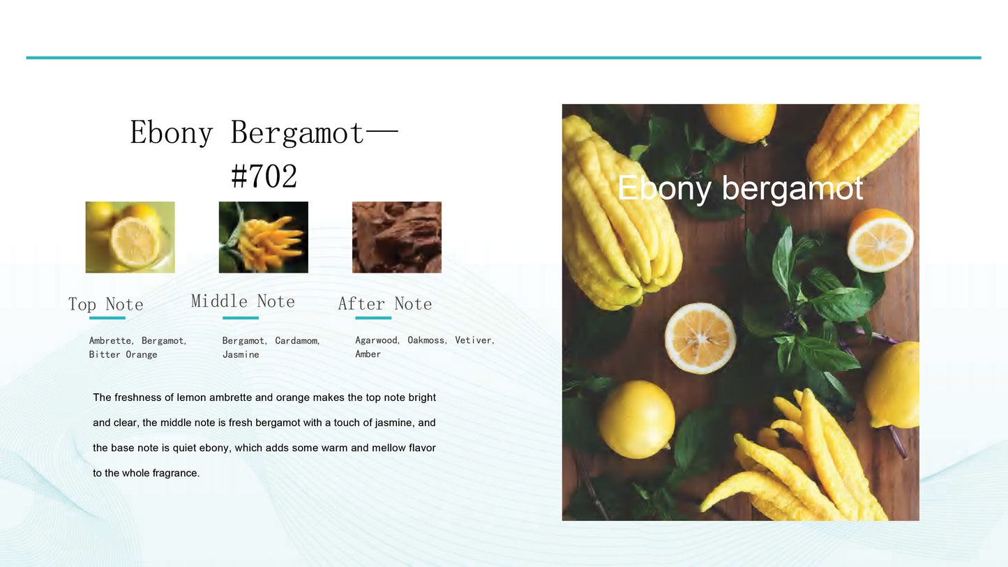 Ebony Bergamot oil fragrance  description card with images of bergamot fruits and a wooden board.