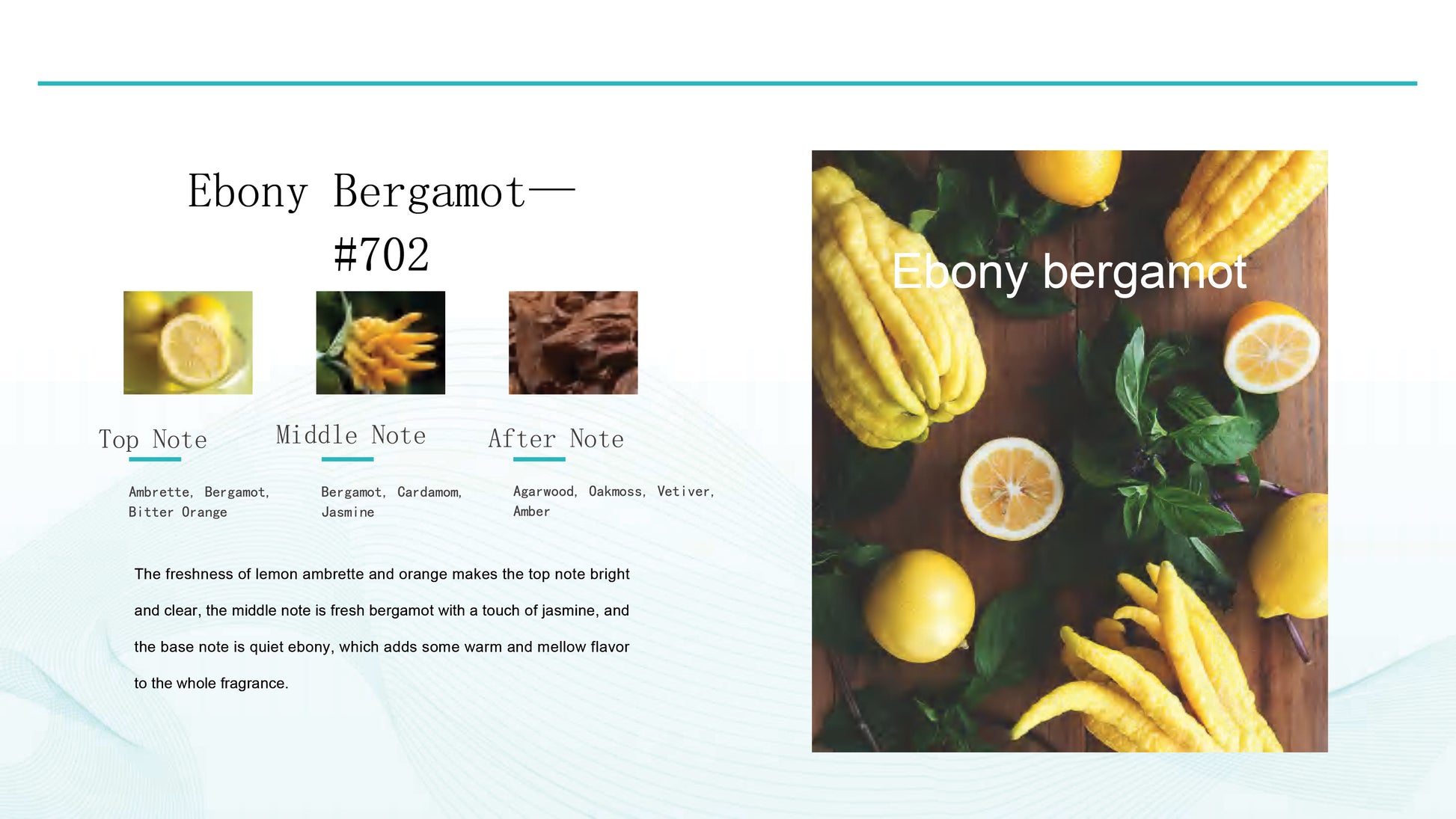 Ebony Bergamot oil fragrance  description card with images of bergamot fruits and a wooden board.