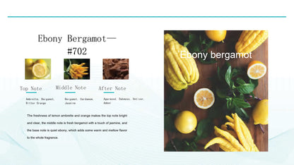 Ebony Bergamot oil fragrance  description card with images of bergamot fruits and a wooden board.