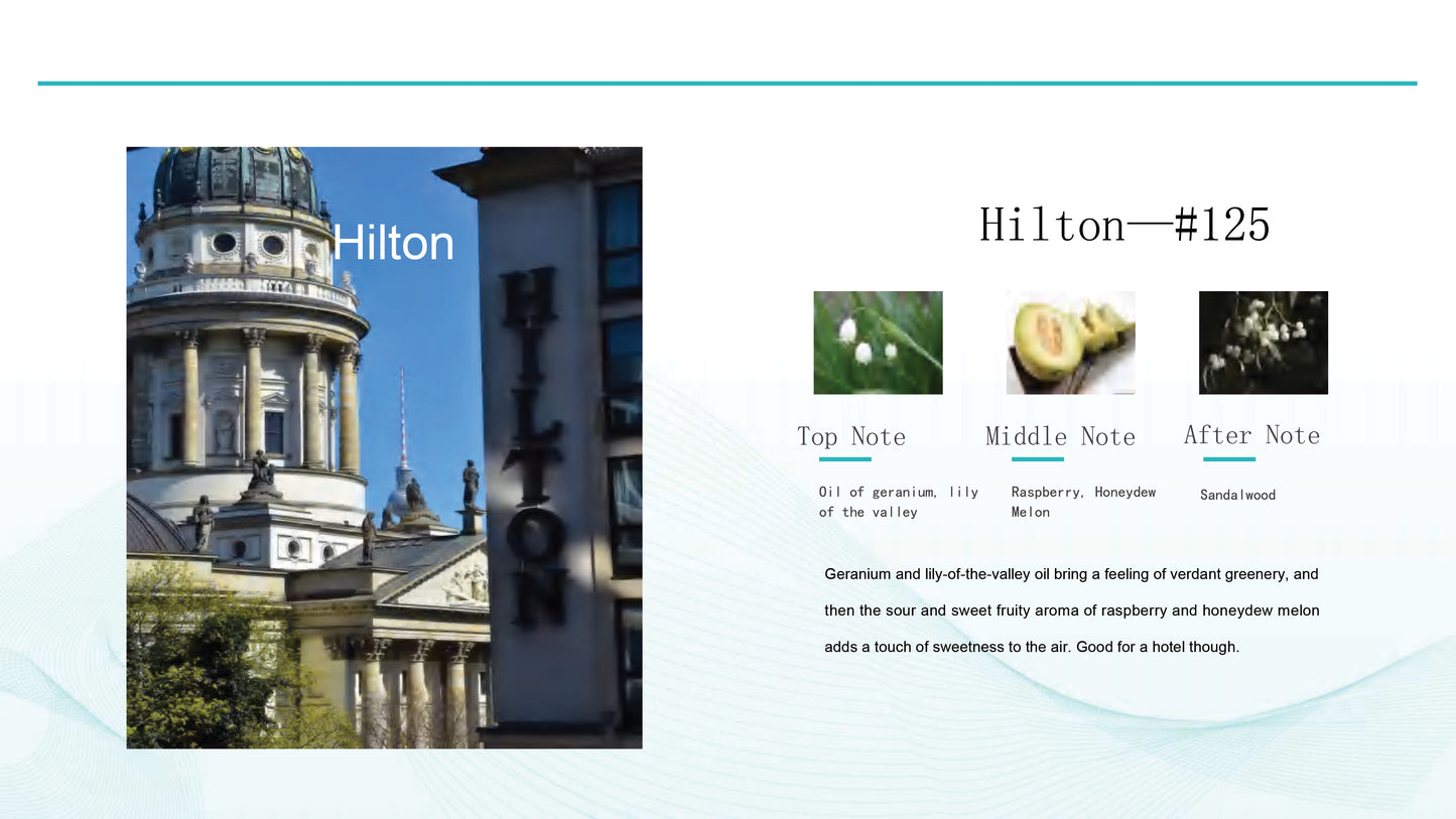 Hilton fragrance oil description with architectural structure and product description on a light blue background