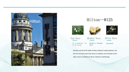Hilton fragrance oil description with architectural structure and product description on a light blue background