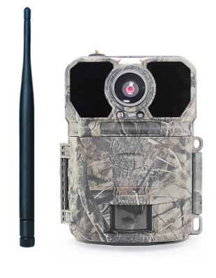 Camouflage-patterned hunting KeepGuard KG895 Trail camera with antenna on a white background