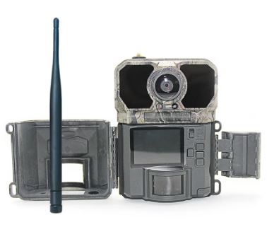 Camouflage-patterned wildlife camera KeepGuard KG895 with antenna on a white background