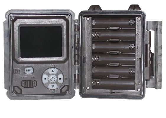 Outdoor  KeepGuard KW561 camera with screen and battery compartments on a white background