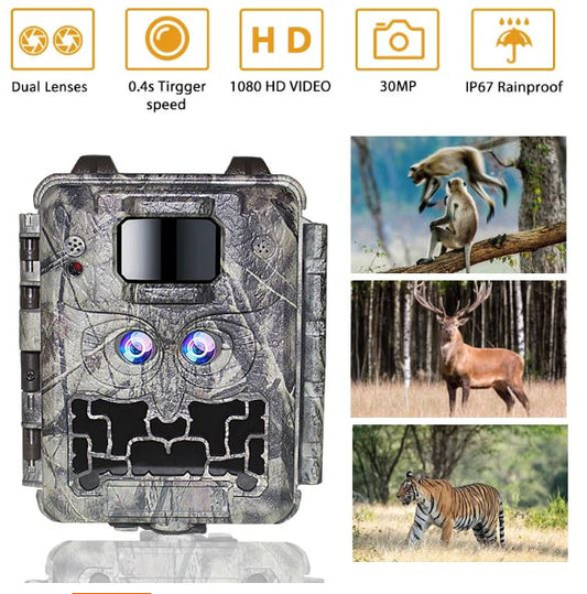 Camouflage-patterned wildlife   KW591 camera with features and images of animals on a white background