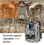 Comparison of a deer captured with a 30MP KW591 camera on the left and a 12MP camera on the right, with a dual-lens camera device in the foreground.