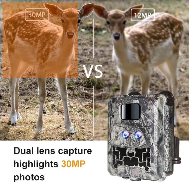 Comparison of a deer captured with a 30MP KW591 camera on the left and a 12MP camera on the right, with a dual-lens camera device in the foreground.