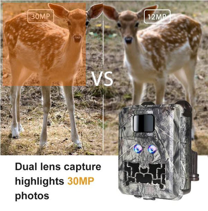 Comparison of a deer captured with a 30MP KW591 camera on the left and a 12MP camera on the right, with a dual-lens camera device in the foreground.