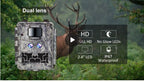 Trail KW591 camera with dual lenses and various features displayed in front of a deer in a forest setting.