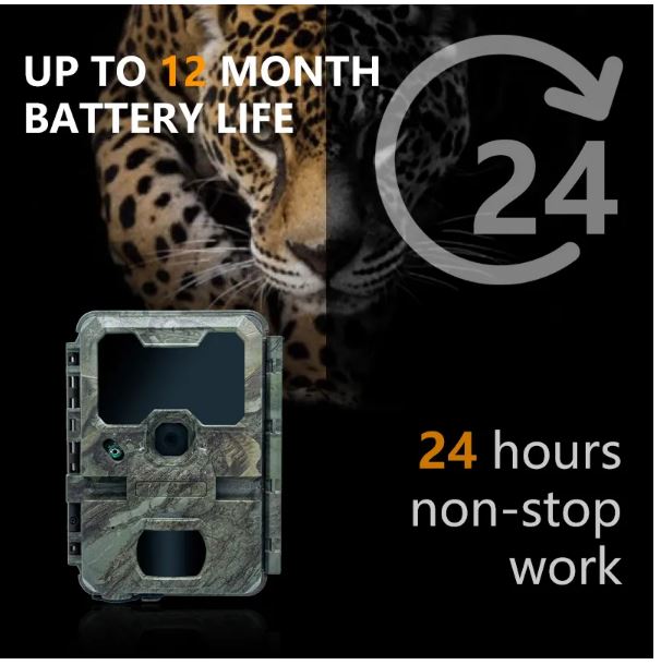 Camouflage trail KeepGuard KW788 camera with leopard in the background and text about battery life and work hours.