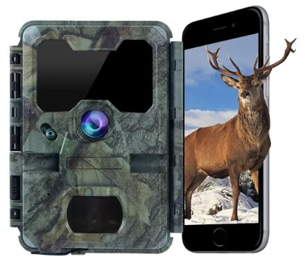 Camouflage hunting KeepGuard KW788 camera next to a smartphone displaying a deer image