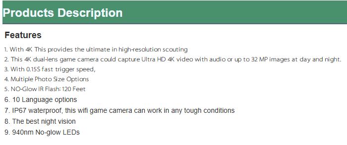 List of features for KeepGuard KW788 trail camera on a white background with a green header.