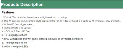 List of features for KeepGuard KW788 trail camera on a white background with a green header.
