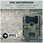 Camouflage trail KeepGuard KW866 camera with IP65 waterproof label on a snowy background