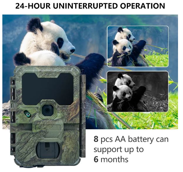 Camouflage trail KeepGuard KW866 camera with panda images and text about 24-hour operation and battery life.