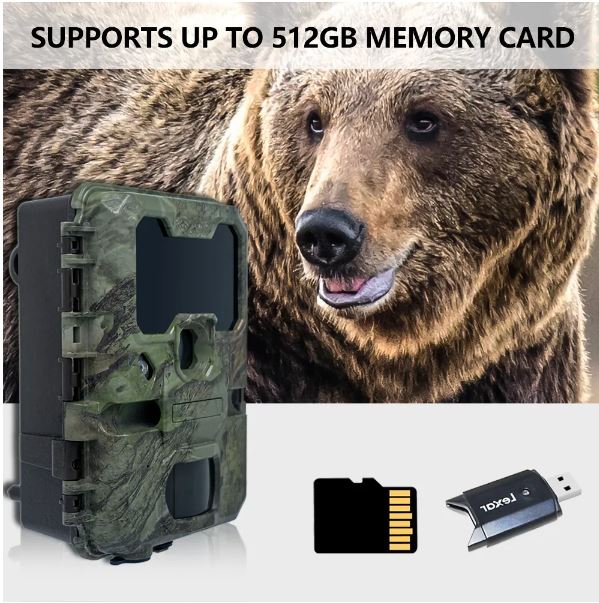 Camouflage KeepGuard KW866 trail camera with a bear in the background, featuring text about memory card support.
