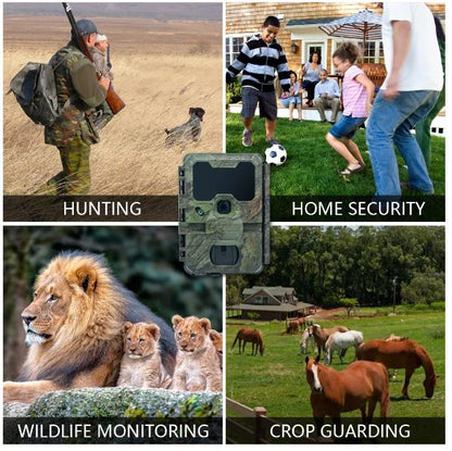 Collage of images showing hunting, KeepGuard_KW866   home security camera, wildlife monitoring, and crop guarding with a trail camera in the center.