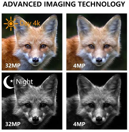 Comparison of a fox's image quality under different imaging conditions with text 'Advanced Imaging Technology'. KeepGuard KW866 trail camera
