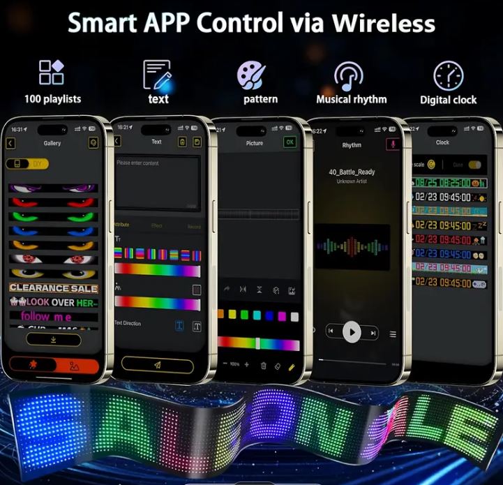 Smart APP control via wireless technology with multiple smartphone screens displaying different functions for LED Bluetooth Programmable Board Sign