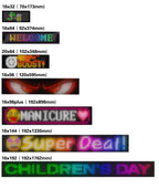 Various LED display sizes with text and graphics on a white background