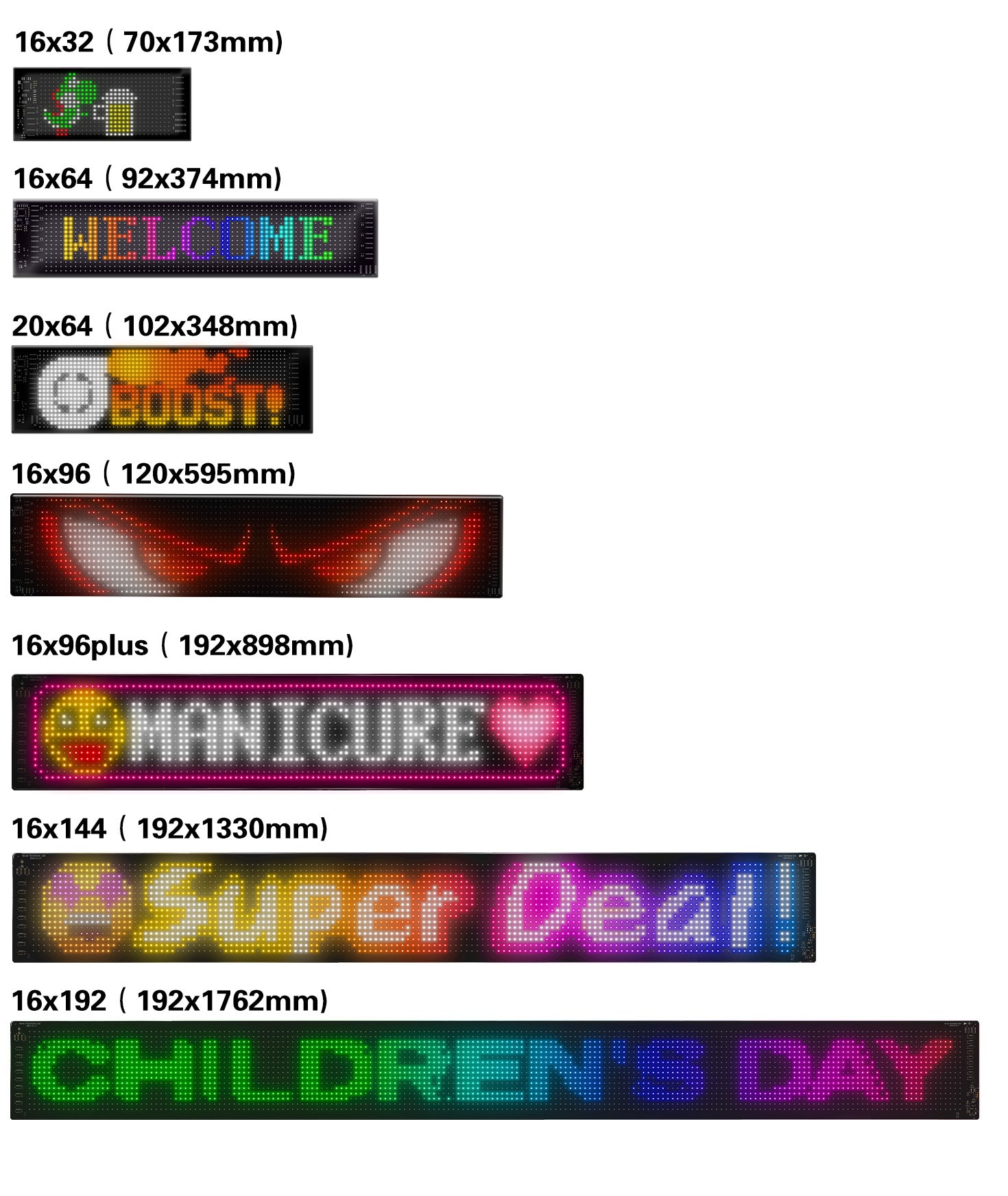 Various LED display sizes with text and graphics on a white background