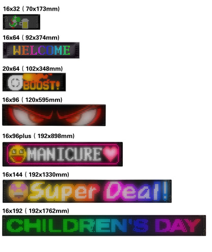 Various LED display sizes with text and graphics on a white background
