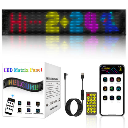 LED Matrix Panel with packaging, remote control, cable, and smartphone app on a reflective surface.